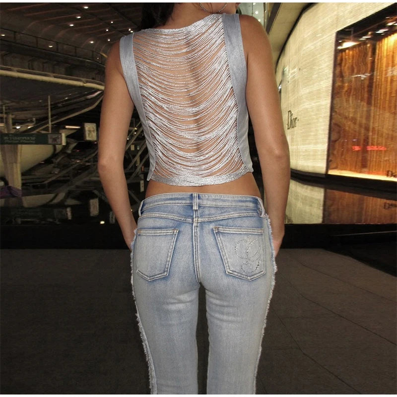 Tassel Patchwork Backless Casual Vest Top For Women