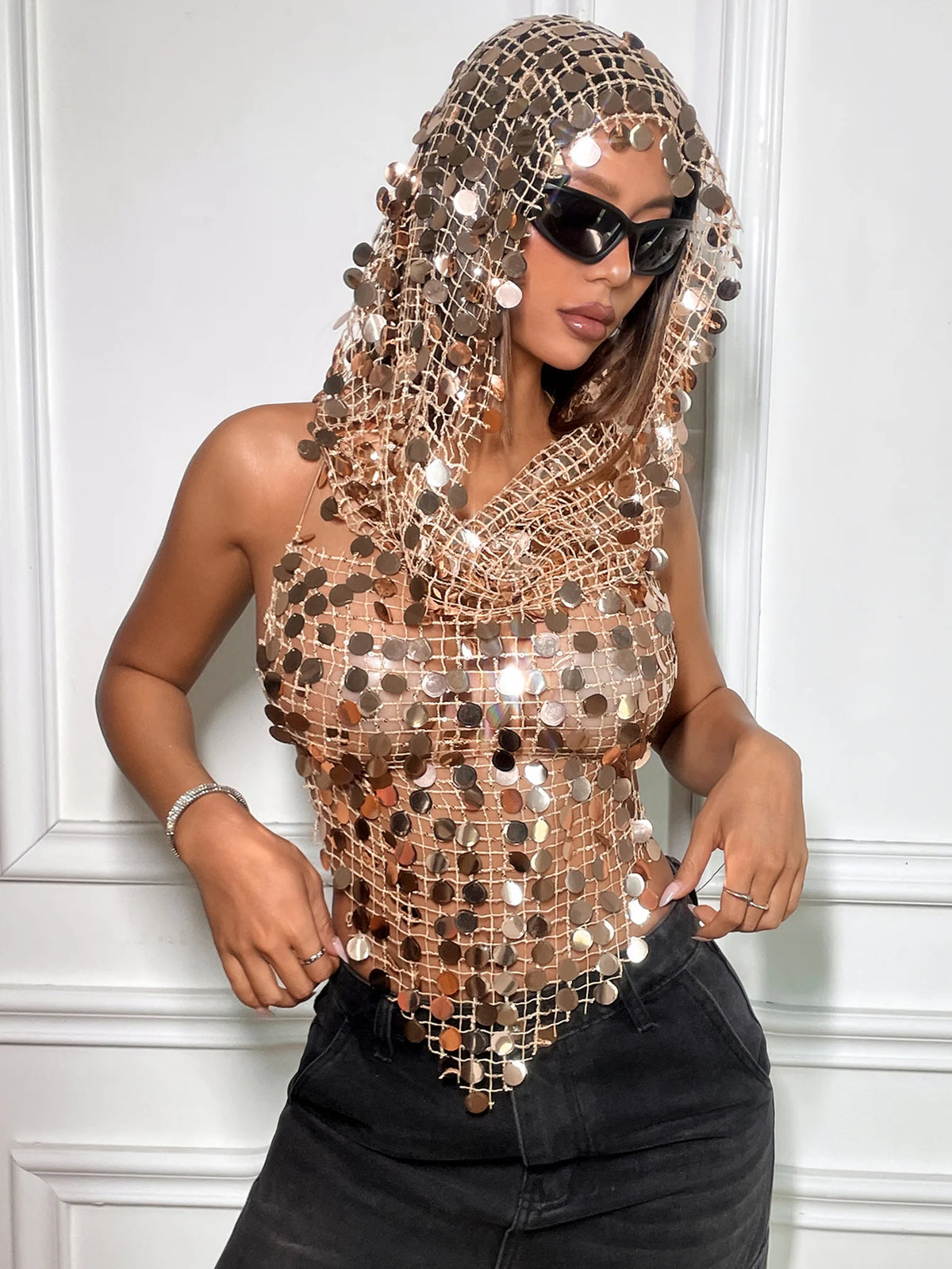Backless Sequin Crop Tank Top and Hat Set for Women