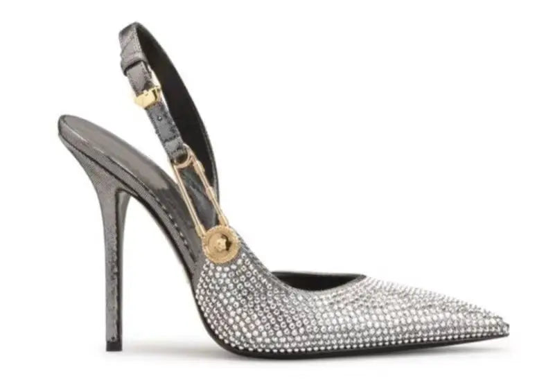 Sexy Pointed Toe Slingabck Rhinestone Sandals Lady Leather Luxury Dress Stiletto High Heel Pumps Women Shoes Metal Buckle