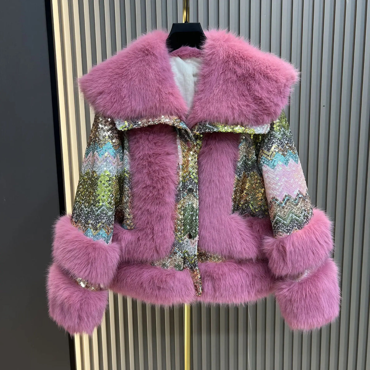 Purple Sequined Faux Fur Coat