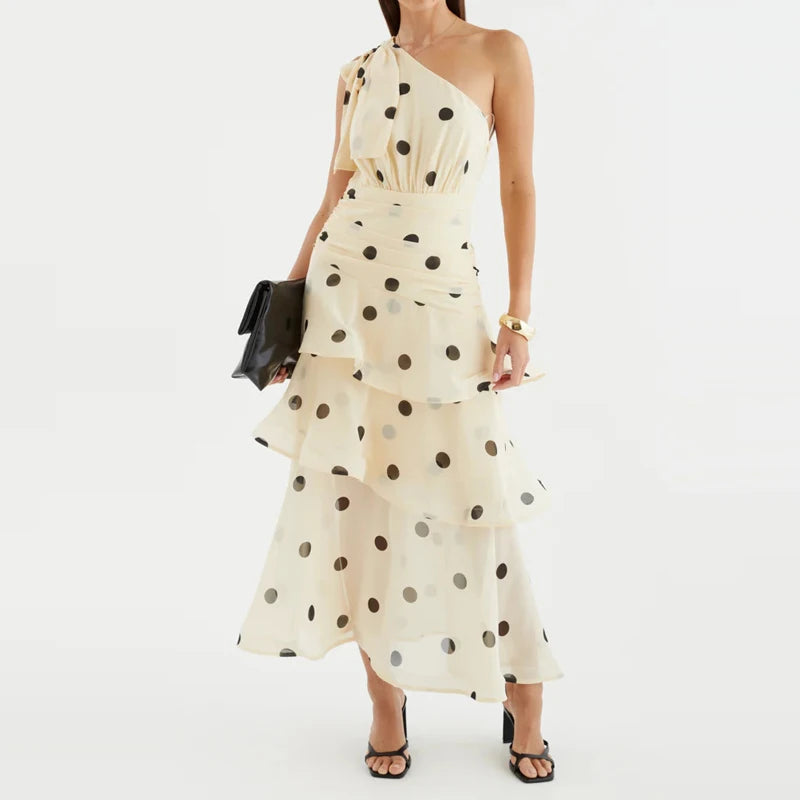 Elegant Polka Dot Ruffle Draped Maxi Dress for Women