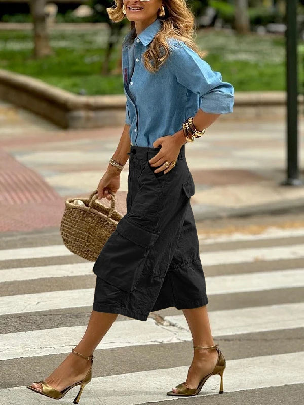 Krisstarsgirls Summer Woman Wide Leg Capris Pants with Pockets 2025 New Trendy Cotton Clothes Loose Cropped Cargo Pants Female