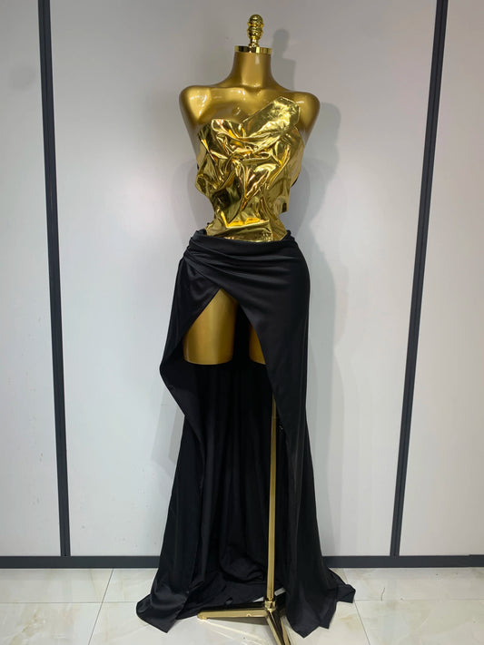 2025 New Arrival Women Gold Color Sexy Laced-up Tops 2 Pieces Set Long Dress Celebrate Evening Party Celebrity Elegant Dress