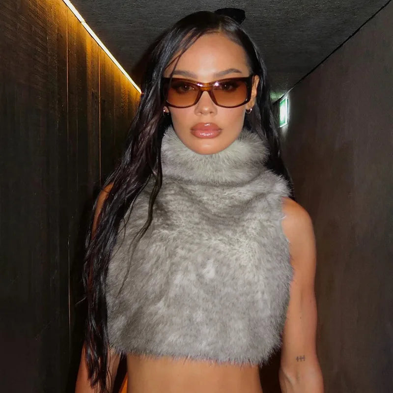 Autumn Fur Patchwork Backless Zipper Crop Top for Women