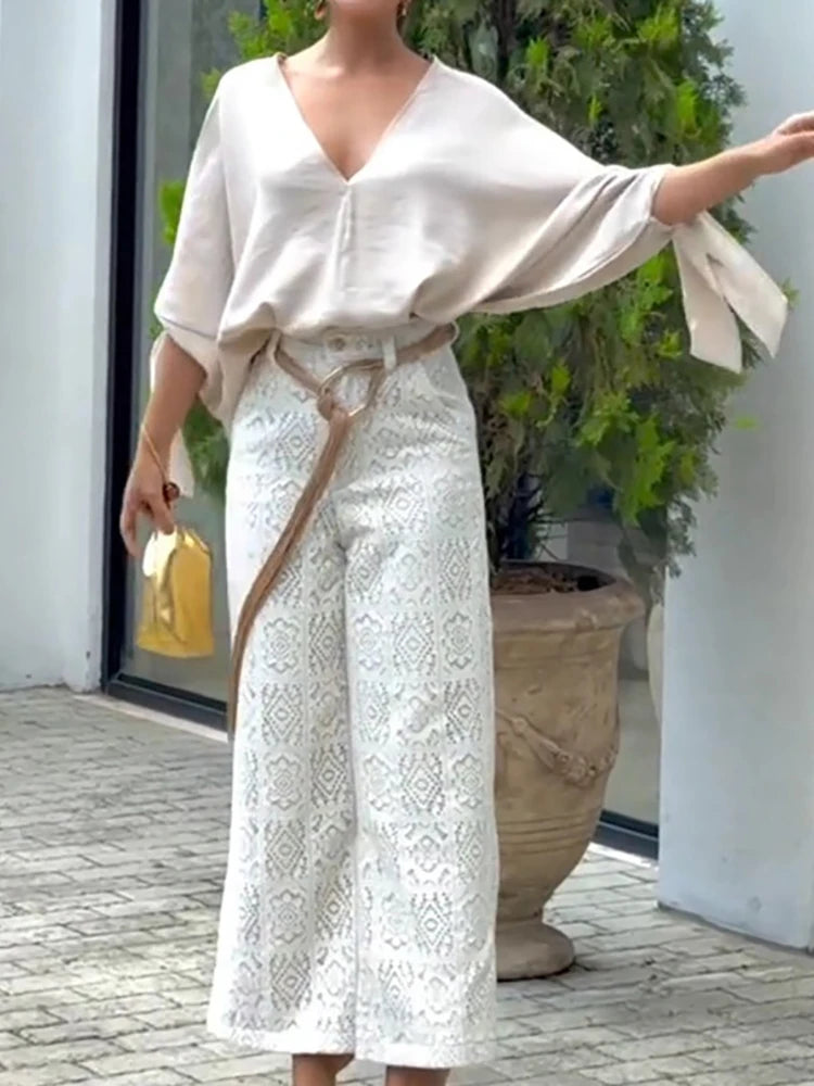 New Spring Autumn Loose V Neck Chic Blouses, Women Casual Batwing Sleeve Simple Tops, 2025 Solid Lace-Up Patchwork Ladies Shirts