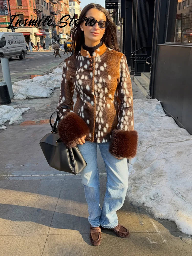 Fitted Vintage Leopard Patchwork Faux Fur Coat for Women