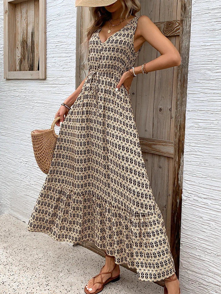 Printed Spaghetti Strap V-Neck Dress With Waist Tie for Women