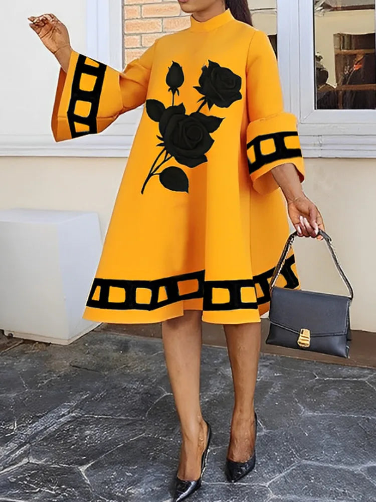 Modigirl Flower Print  Loose Yellow Dresses for Women Autumn Winter Clothes Flared Sleeves Woman Midi Casual A-line Dress