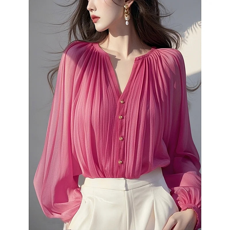 Charming Rose Red Chiffon Button Front Blouse For Women