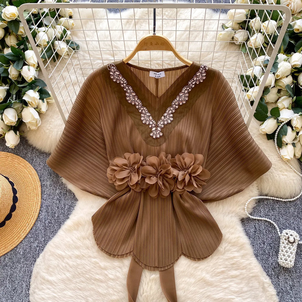 Diamond Embellished Batwing Sleeve Blouse for Women
