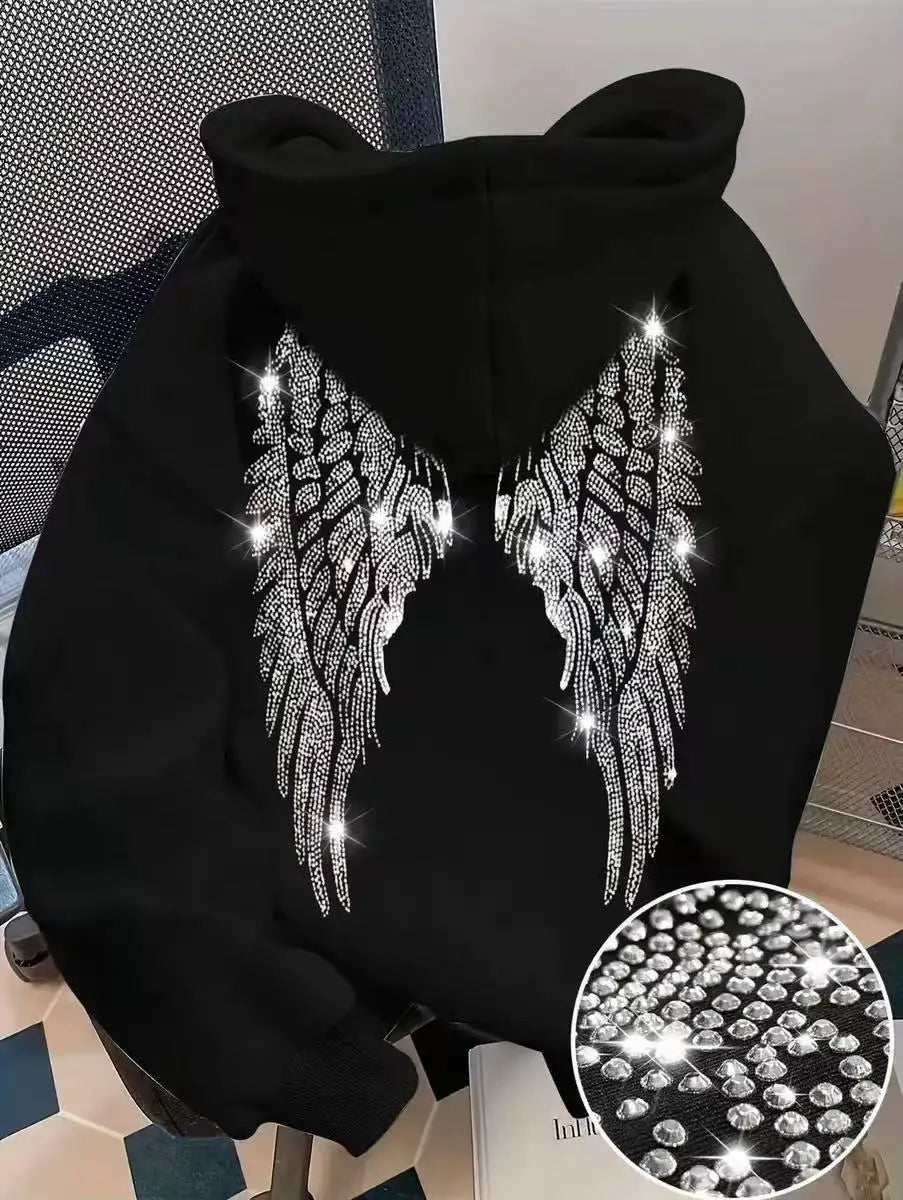 Wing Print Rhinestone Long Sleeve Pullover Hoodie for Women