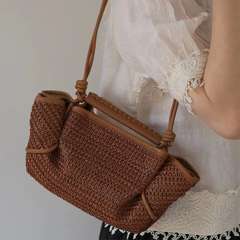 Luxury Brown Leather Braided Handbag Niche Exquisite Versatile Pleated Shoulder Bag Women's Fashion Brand Solid Color Bucket Bag