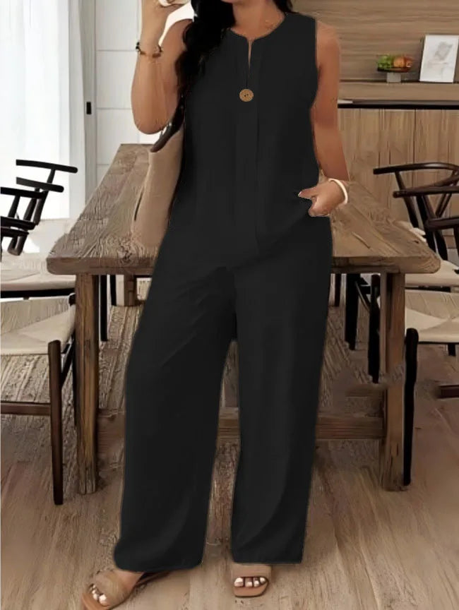 Vintage Button Tank Top and Elastic Waist Pants Set for Women