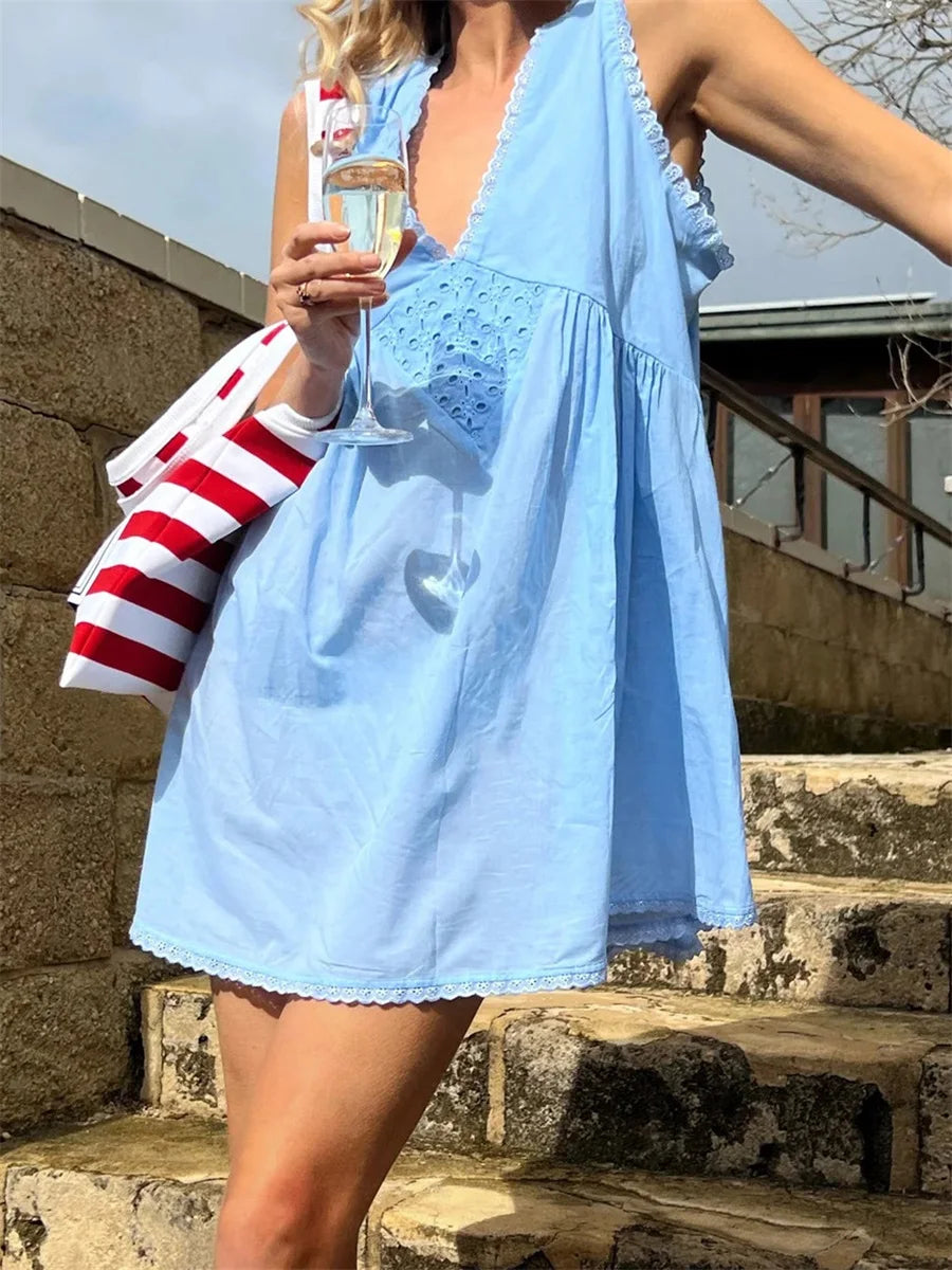 Women Summer Mini Tank Dress Sleeveless Deep V Neck Trendy Floral Eyelet Beach Dress