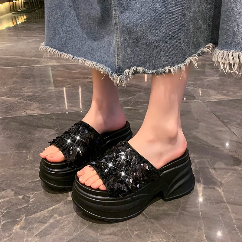 Metallic Sequined Platform Wedge Sandals for Women