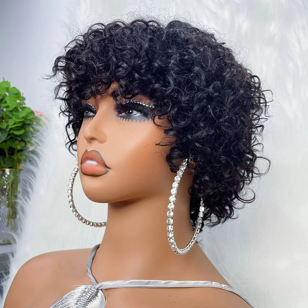 Short Curly Bob Human Hair Wig With Bangs for Women