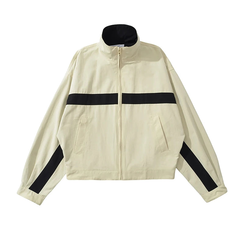 Color Block Zip Up Cropped Jacket With Stand Collar For Women