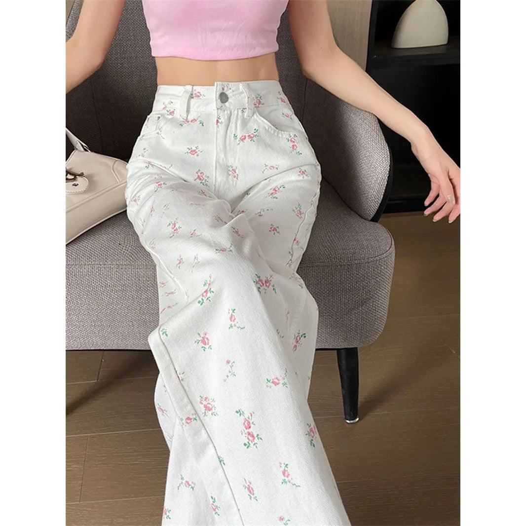 High Rise Wide Leg Printed Denim Pants For Women
