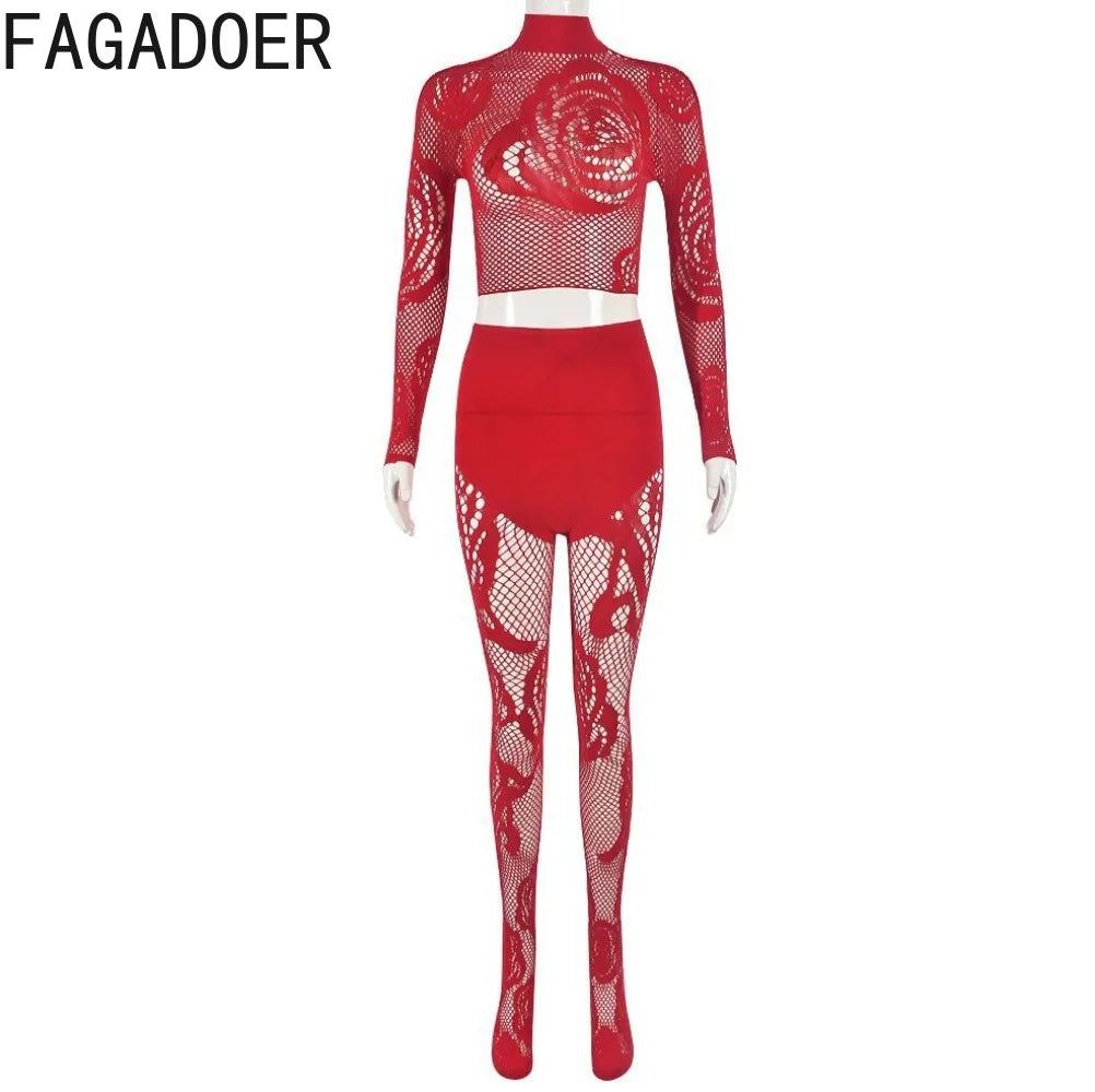 FAGADOER Sexy Lace 2 Piece Set Women Outfit Mesh See Though Long Sleeve Crop Top + Pants Suit Fashion Female Streetwear Overalls