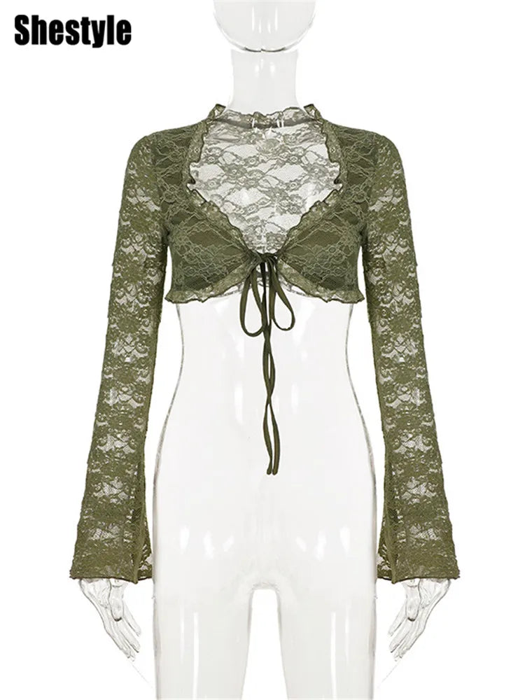 Green Sheer Lace V-Neck Flare Sleeve Top for Women
