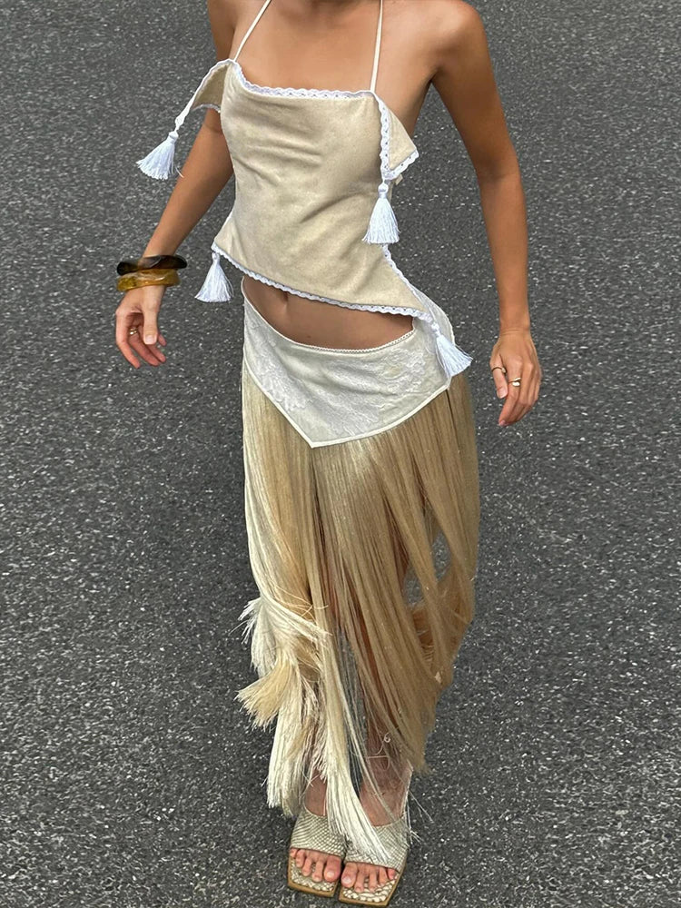 Backless Tassel Halter Patchwork Skirt Two Piece Set for Women