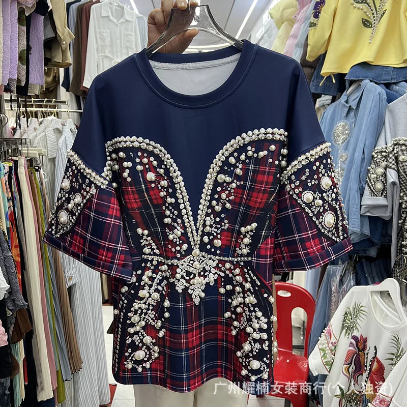 Colorblock Plaid Short Sleeve Female T-shirt Luxury Beading Round Neck Pullover Top All-match Spring Summer Women Casual Tees