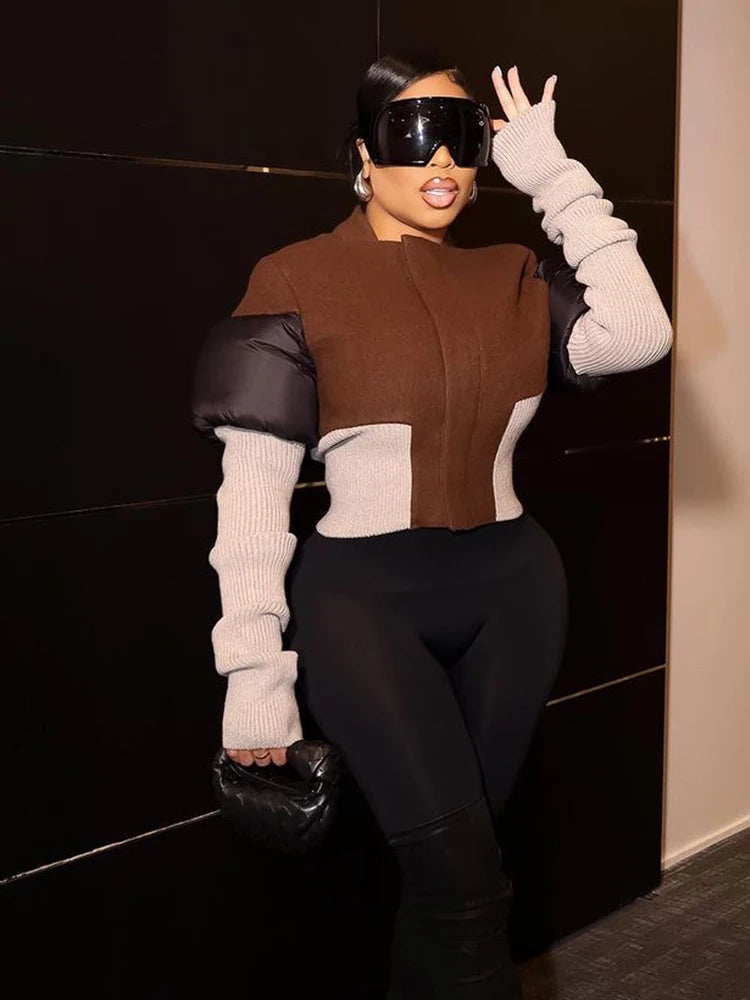 Casual Patchwork Zip Up Long Sleeve Jacket for Women