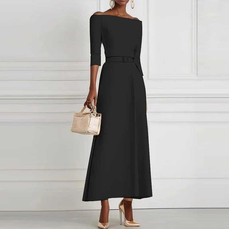 Women Sexy Off Shoulder Half Sleeve Party Dress Elegant Temperament Waist Solid Long Dress Fashion Draped Belt Tie-Up Maxi Dress