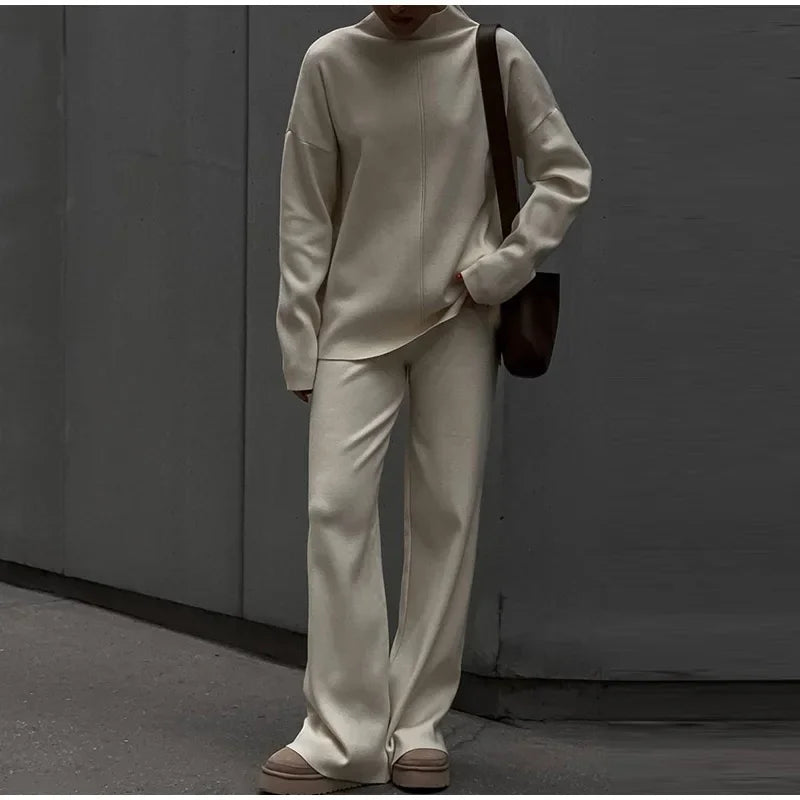 Solid Turtleneck Sweatshirt Set With Wide Leg Pants for Women
