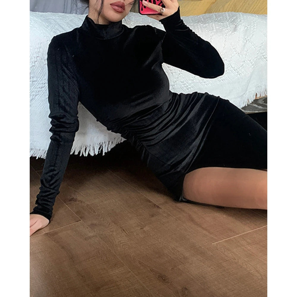 Mock Neck Long Sleeve High Slit Maxi Velvet Dress