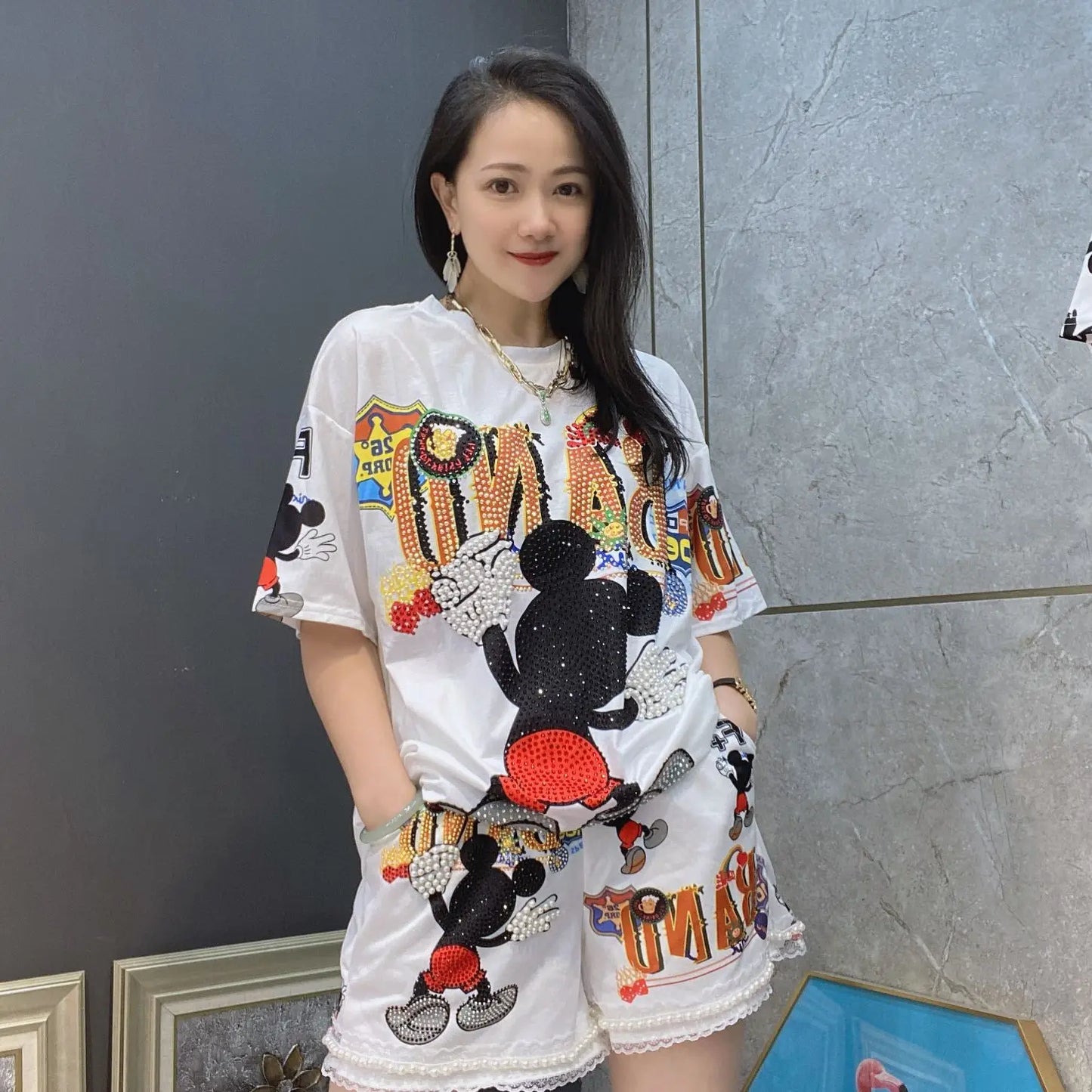 Heavy Industry Rhinestone Hot Fixed Short Sleeve T-shirt Summer New Casual Suit Top and Shorts 2 Piece Sets Womens Outfits