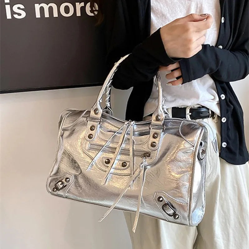 Rivet Embellished Faux Leather Tote Bag