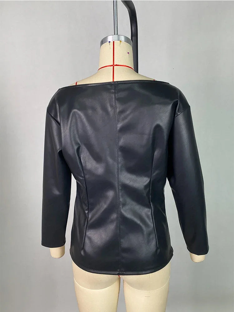 Women PU Leather Round Neck Long Sleeve Blouse Tops Pullover Loose PU Clothes Streetwear Windproof Motorcycle Clothing