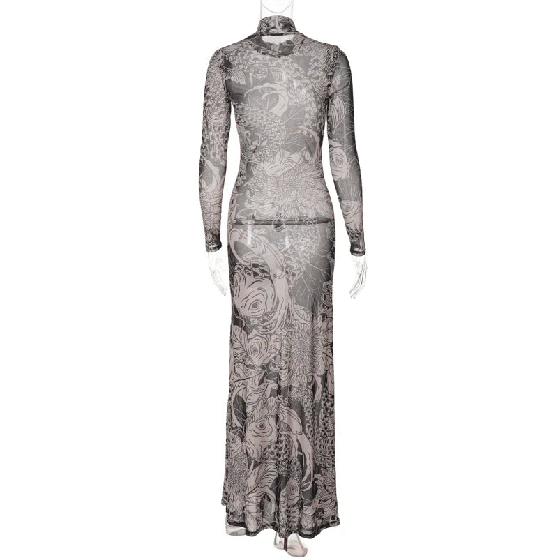 Women 2023 Autumn Winter Long Sleeve Mesh See Through Streetwear Bodycon Long Dress Wholesale Items For Business