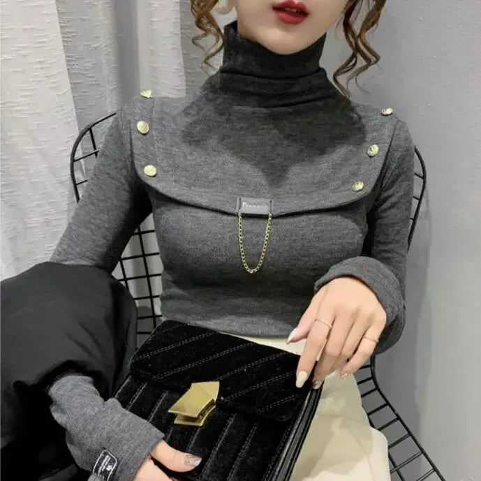 Elegant Button Detail Knit Turtleneck Sweater For Women