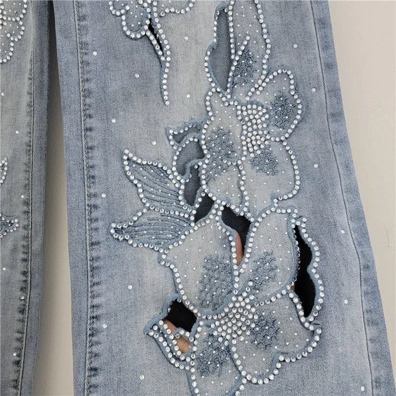 Fashion Women's Jeans High Waist Embroidery Flowers Burrs Edge Straight Wide Leg Denim Pants New 2025 Summer Street Trousers