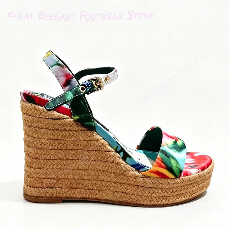 Vibrant Graffiti Print Leather Platform Wedge Sandals For Women