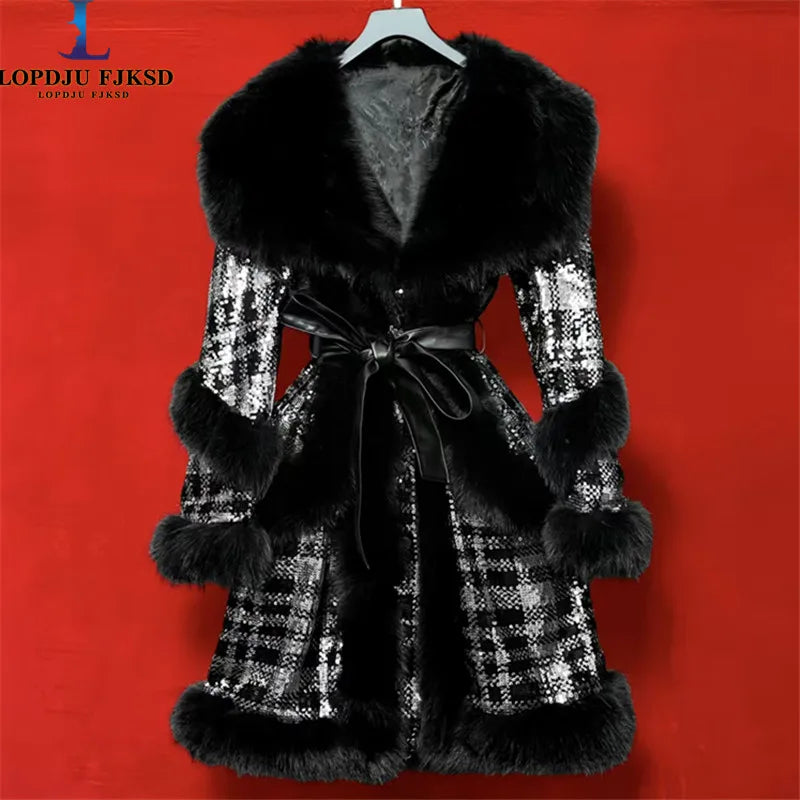 Faux Fur Coats for Women,Adjustable Waist Jacket,Female Clothes,Luxury,Spliced,Sequins,Turn-down Collar,New, Winter, 2025