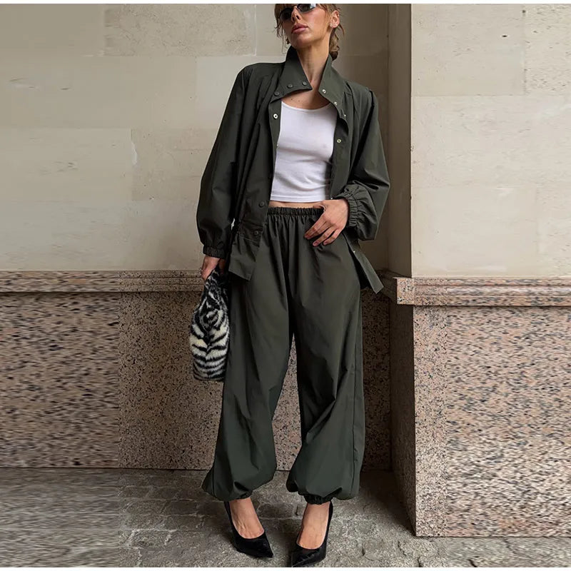Ruffle Hem Jacket and Jogger Pants Two Piece Set for Women