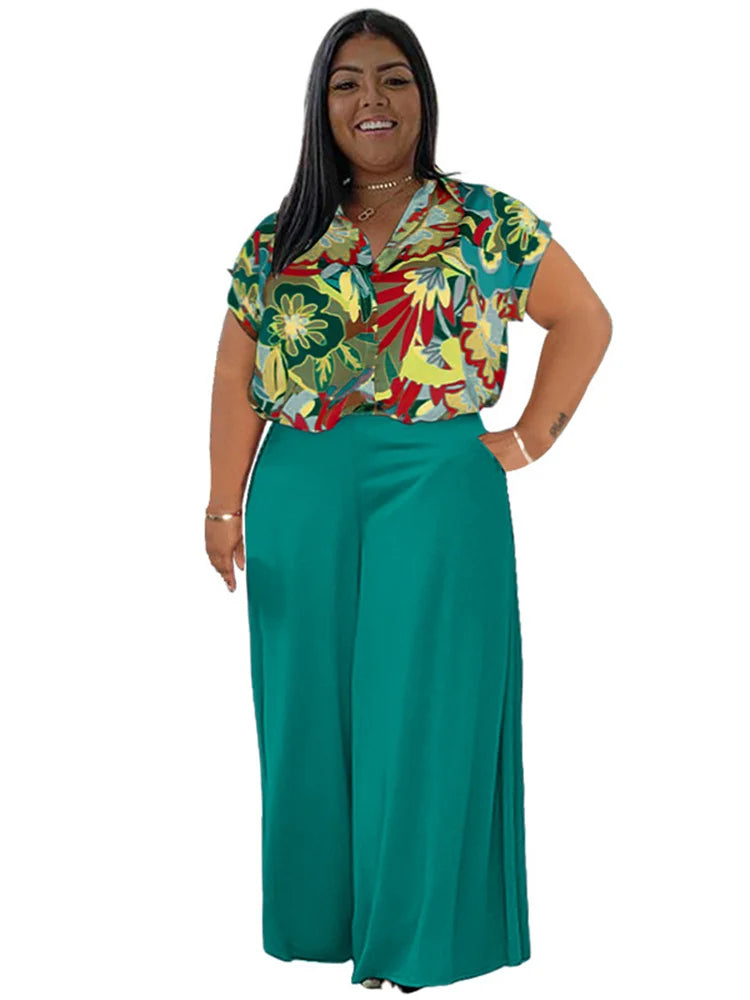 Wmstar Plus Size Two Piece Sets Women Clothing Printed T-shirts Tops and Solid Pants Wide Leg Pockets Wholesale Dropshopping