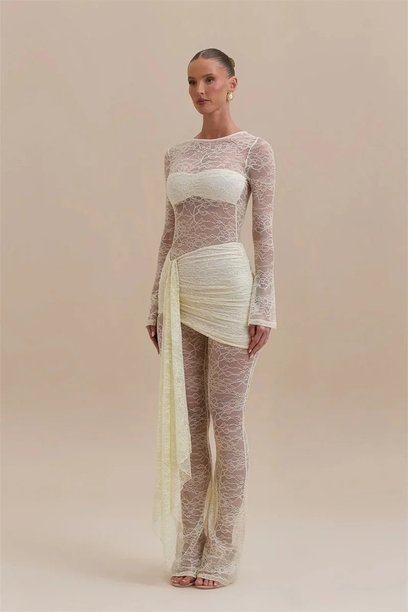 Lace Mesh Ruched Draped Jumpsuit