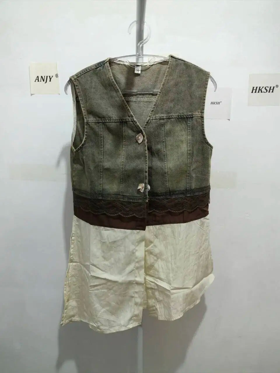 ANJY Summer New Women's High Street Fashion Unique Design Denim Patchwork Contrast Color Button Vest Casual Wide Leg Pants A7944