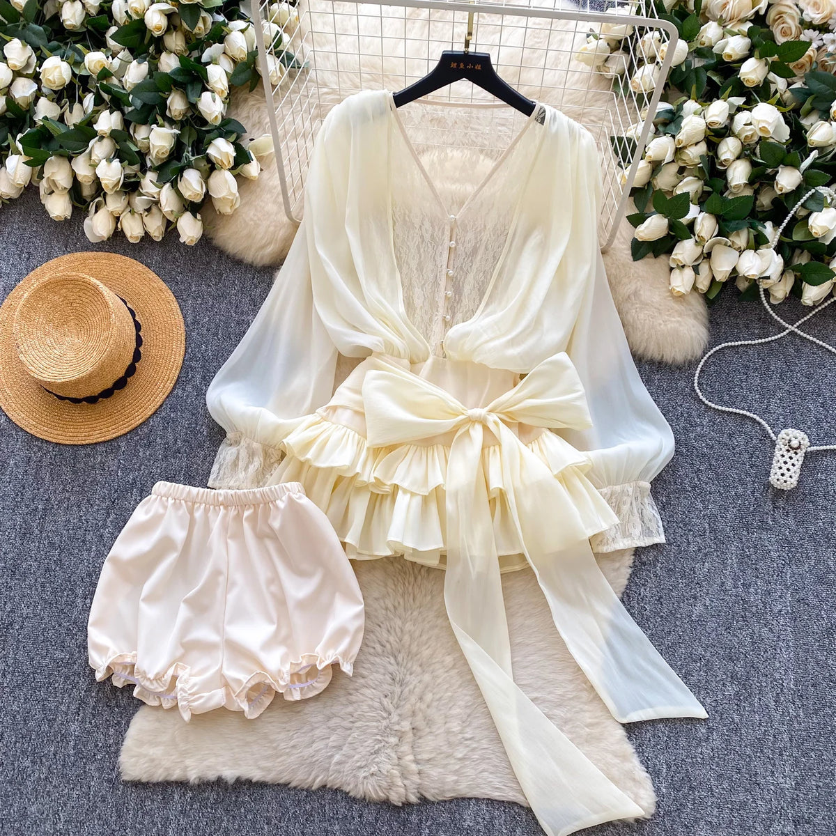 Lace Chiffon Mini Dress With Ruffles and Shorts for Women