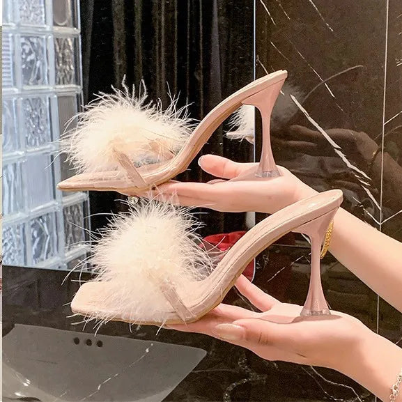 Black Faux Fur High Heel Sandals