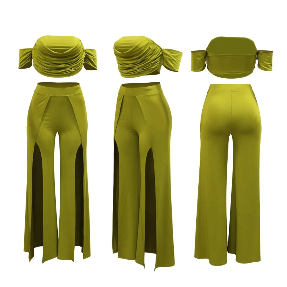Ruched Slash Neck Top and Wide Leg Pants Set for Women