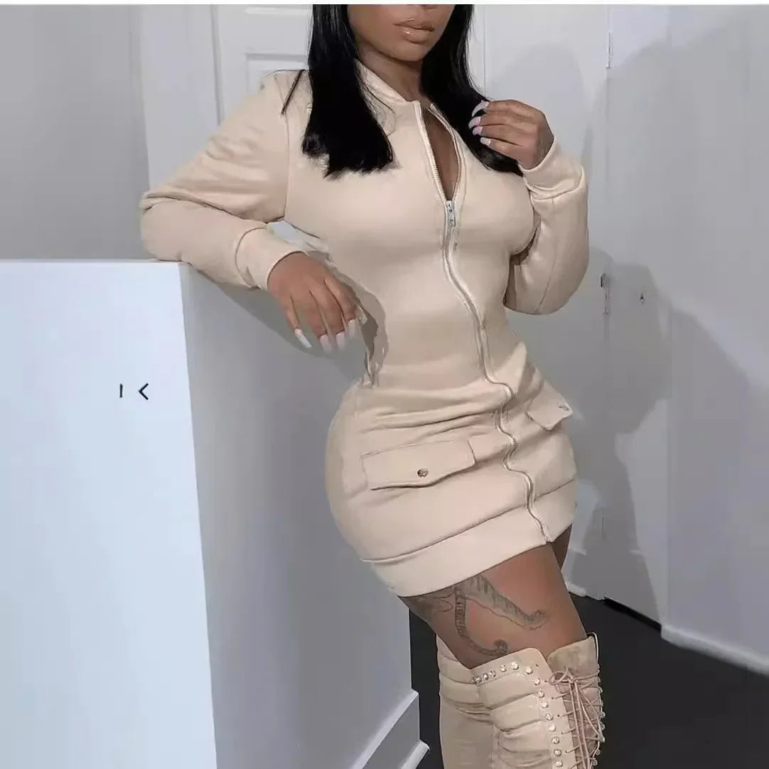 Elegant Long Sleeve Knee-Length Satin Dress for Women
