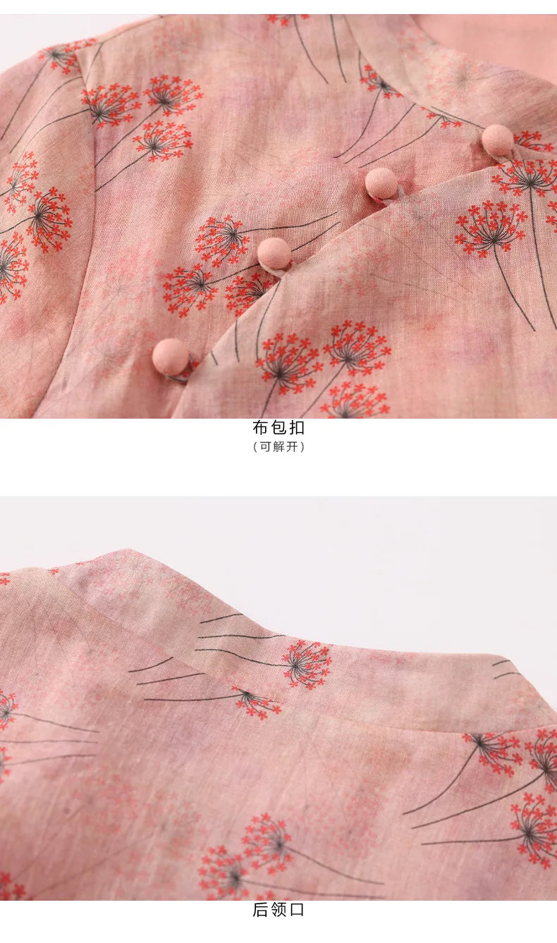Elegant Floral Vintage Ramie Cheongsam Dress for Women