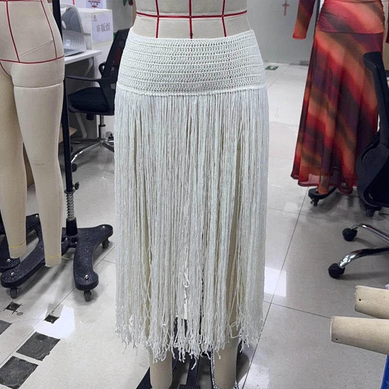 Boho Crochet Tassel Hollow Out Maxi Skirt for Women
