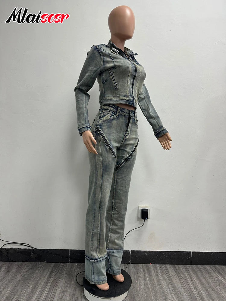 Mlaiscsr Stretch Denim Two Pieces Pants Sets Women Long Sleeve Zipper Short Jacket and Straight Cargo Jeans High Street Outfits