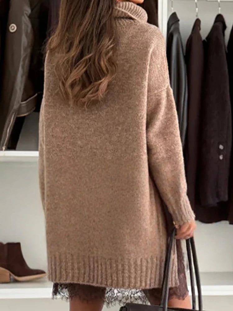 Patchwork Turtleneck Long Sleeve Sweater Mini Dress for Women